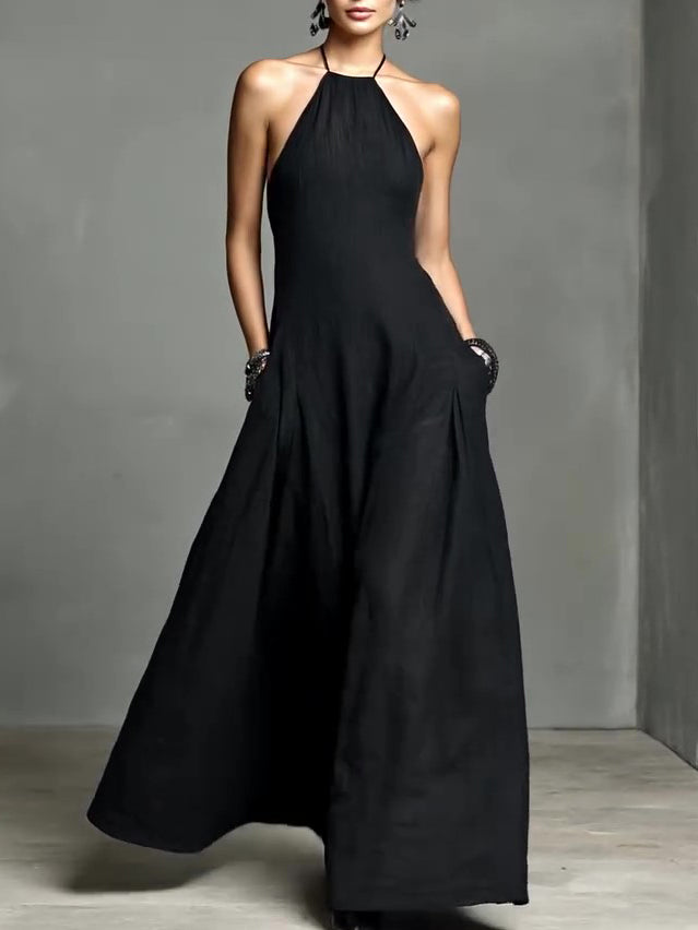 Black Halter Neck Textured Flared Maxi Dress